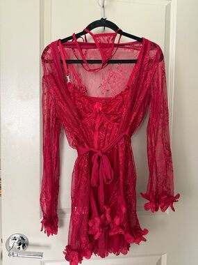 New Red Robe, Chemise Set - Women's Intimates S/M 3 pcs Lingerie Lace Bodysuit